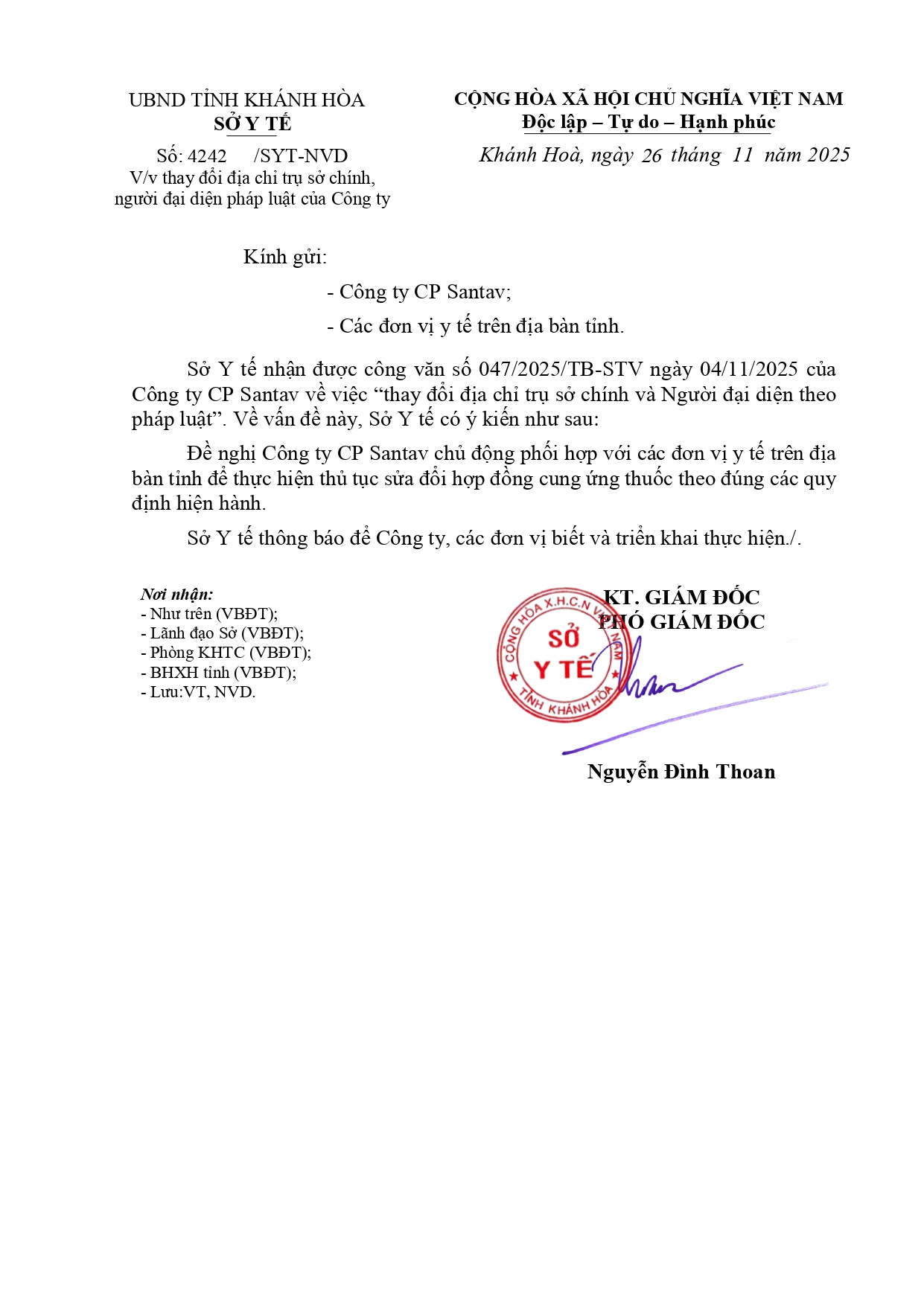 V/v thay đổi địa chỉ trụ sở chính, người đại diện pháp luật của Công ty